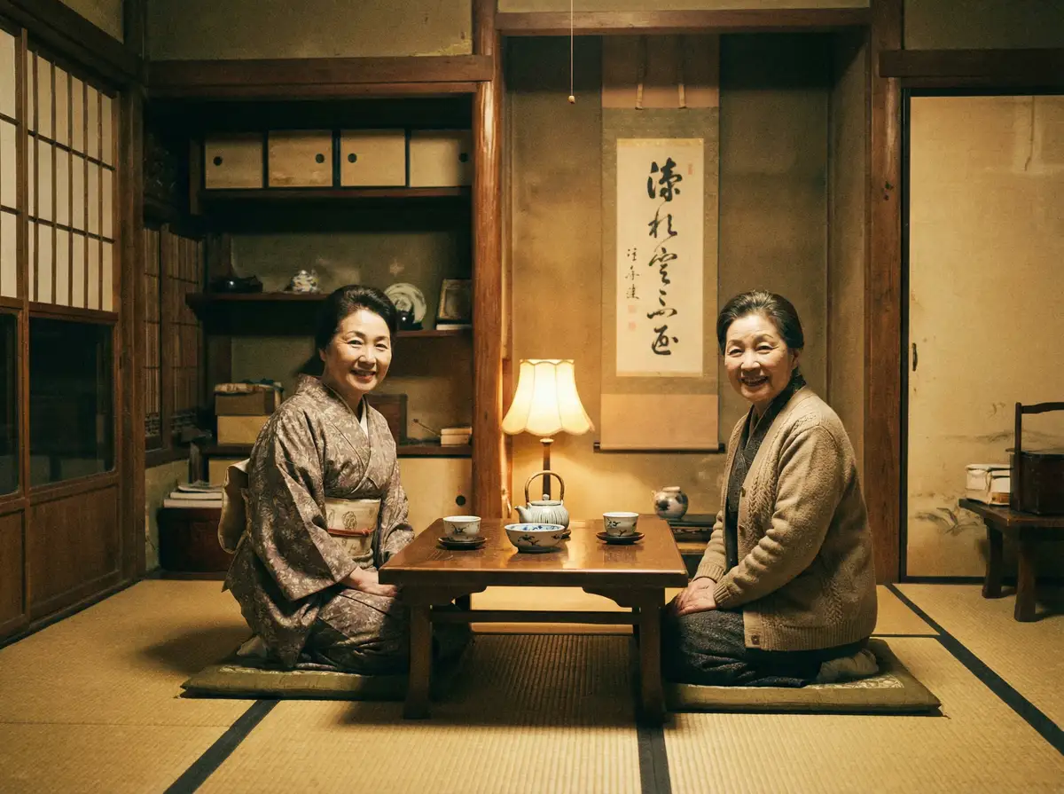 两位优雅的 半岛体育(BOB)app 在日式茶室中品茶交谈
